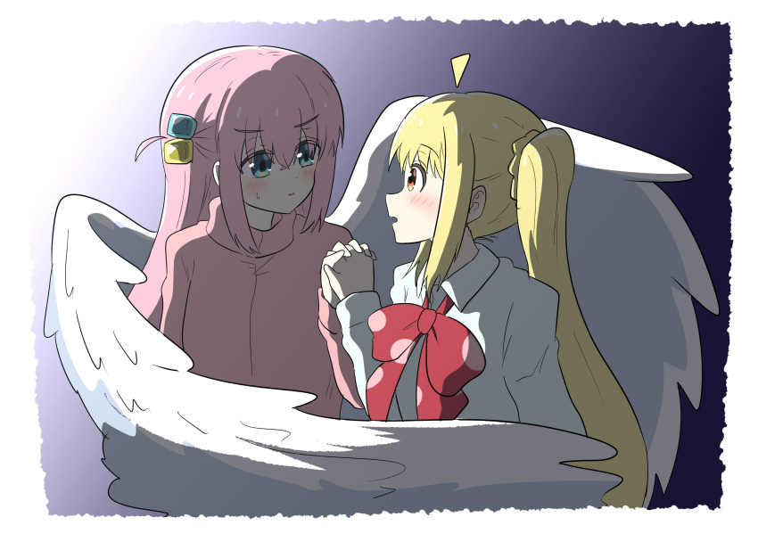 2girls, absurdres, angel_wings, bangs, blonde_hair, blue_eyes, bocchi_the_rock!, bow, brown_eyes, closed_mouth, collared_shirt, cube_hair_ornament, feathered_wings, gotou_hitori, hair_between_eyes, hair_ornament, hair_over_eyes, highres, holding_hands, ijichi_nijika, jacket, long_hair, looking_at_another, multiple_girls, one_side_up, open_mouth, pink_hair, pink_jacket, red_bow, school_uniform, shirt, side_ponytail, sidelocks, track_jacket, white_shirt, white_wings, wings, yabunoki