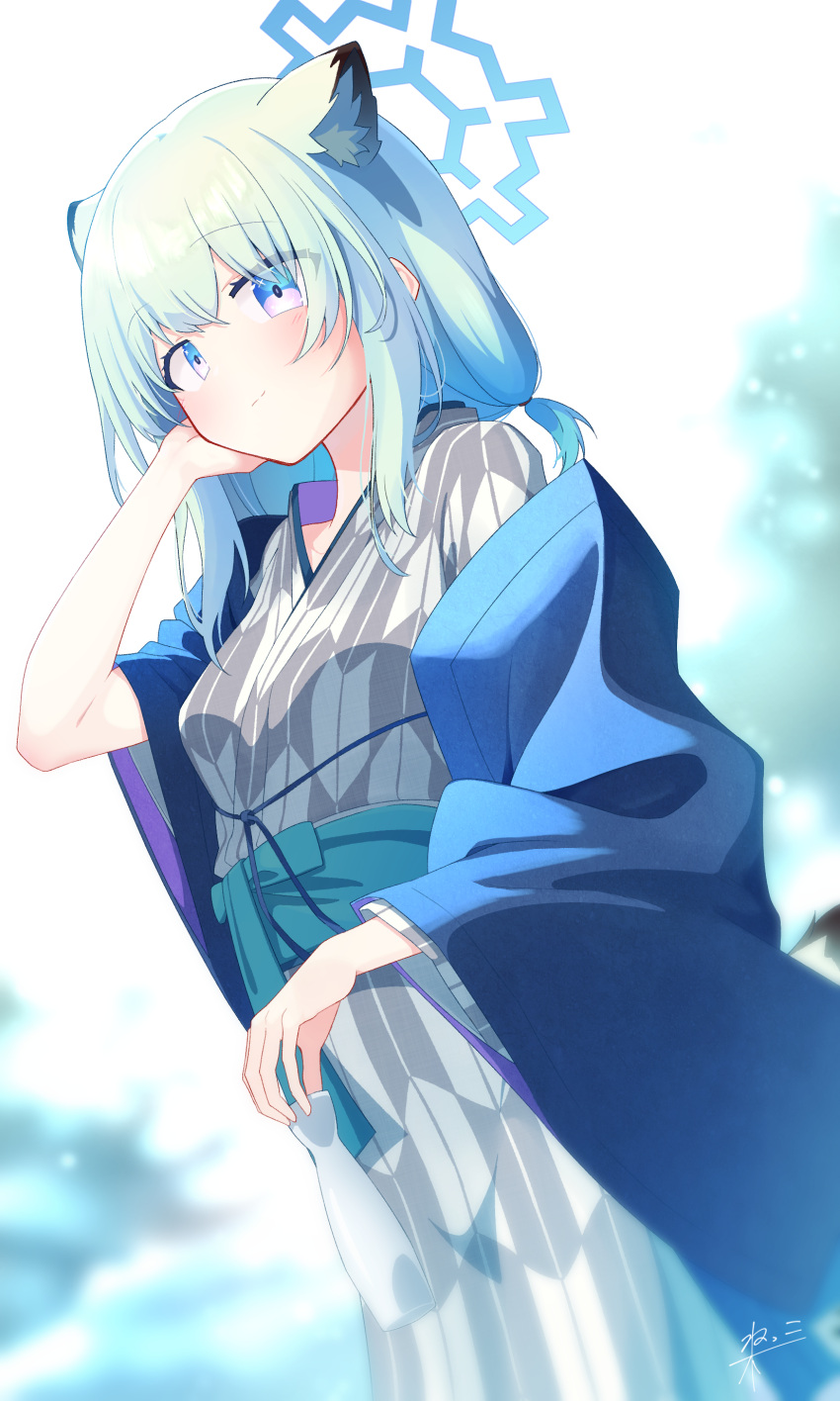 1girl, absurdres, alternate_costume, animal_ears, blue_archive, blue_eyes, blue_hair, bottle