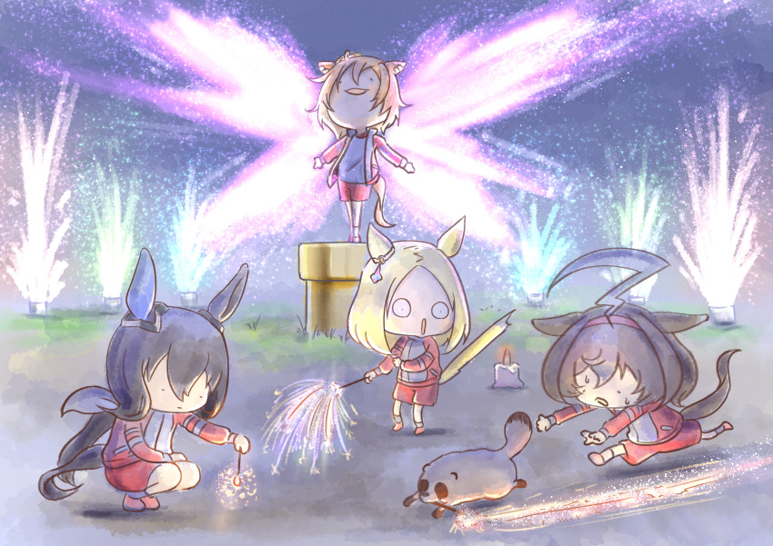 4girls, absurdres, admire_vega_(umamusume), ahoge, animal_ears, bangs, blonde_hair, brown_hair