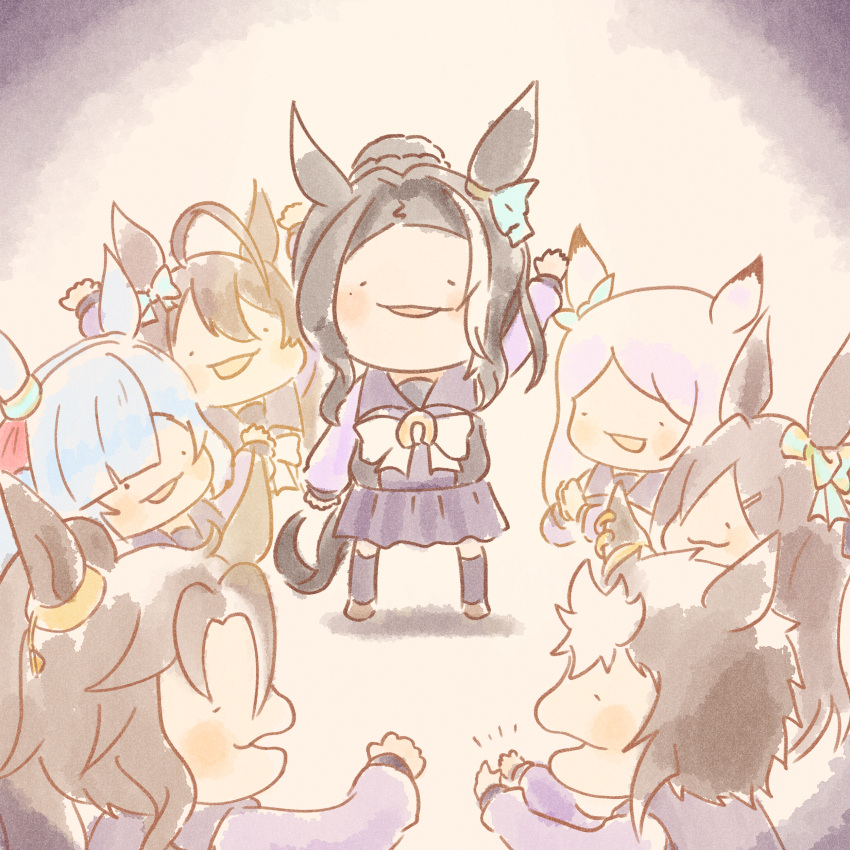 6+girls, absurdres, ahoge, aqua_bow, arm_up, arms_up, bangs, black_hair