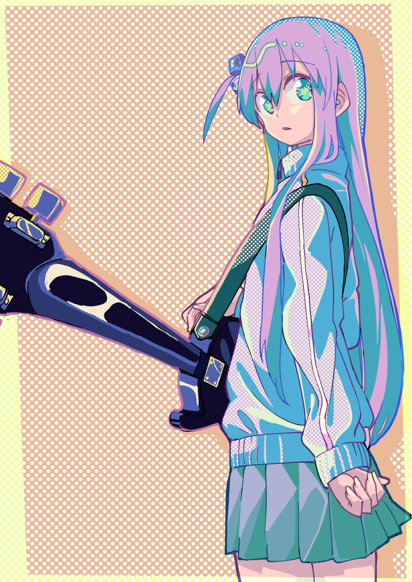 1girl, absurdres, aoi_kujira, bangs, blue_eyes, bocchi_the_rock!, cube_hair_ornament, electric_guitar