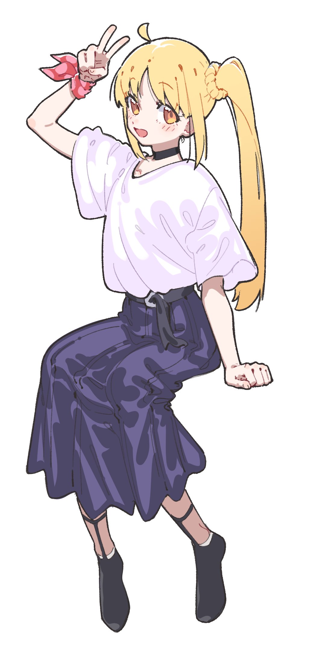 1girl, arm_up, bangs, black_footwear, blonde_hair, bocchi_the_rock!, fugota6509, full_body, highres, ijichi_nijika, long_hair, long_skirt, open_mouth, purple_skirt, shirt, side_ponytail, sidelocks, simple_background, sitting, skirt, smile, solo, v, white_background, white_shirt