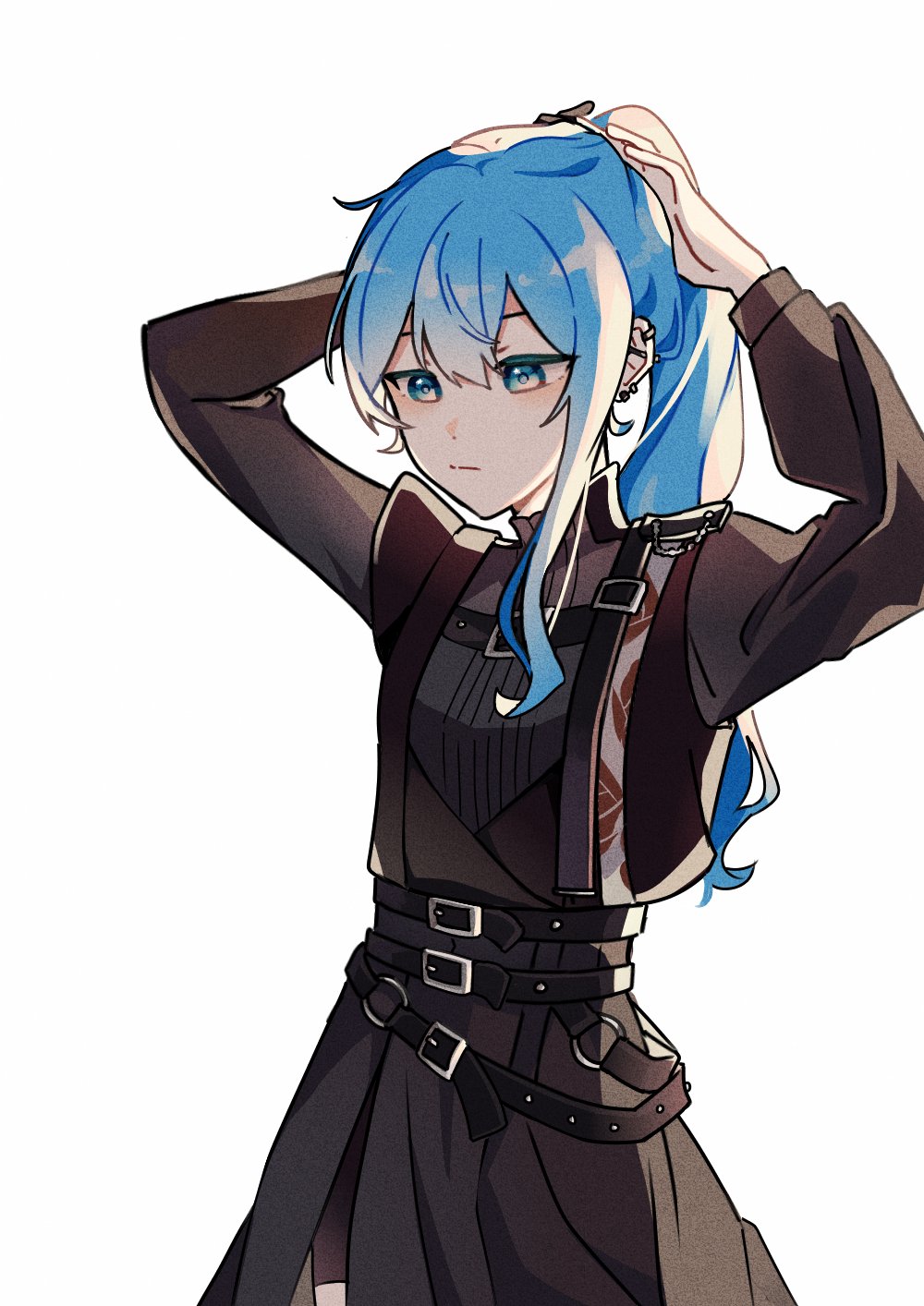 1girl, arms_up, belt, black_dress, blue_eyes, blue_hair, dress, ear_ornament, earrings, hair_between_eyes, hand_up, hands_on_own_head, high_ponytail, highres, hololive, hoshimachi_suisei, jewelry, kiel_adair, long_hair, long_sleeves, ponytail, sidelocks, solo, strap, virtual_youtuber