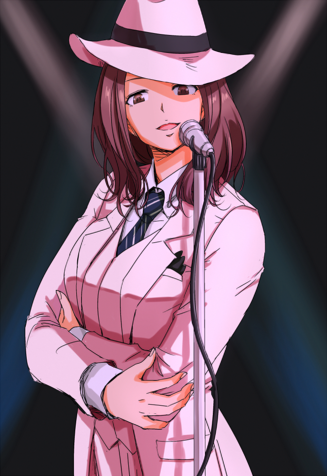 1girl, anbj, breasts, brown_eyes, brown_hair, coat, cowboy_shot, diagonal-striped_necktie