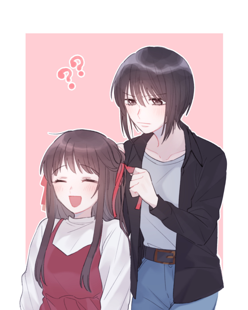 2girls, ?, ^_^, baby_(demotsu), bangs, belt, black_hair, black_jacket