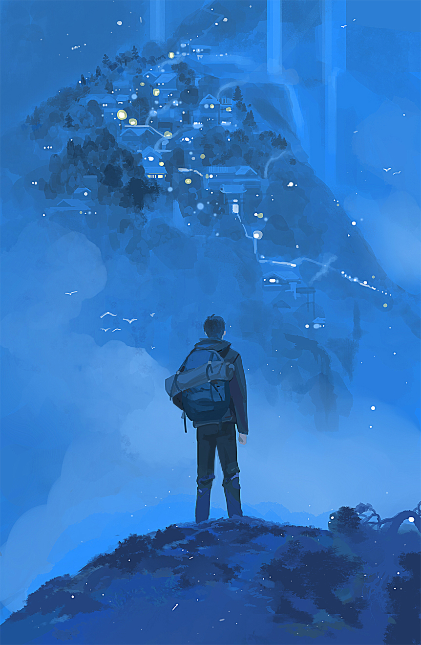 10nnnnn, 1boy, backpack, bag, bird, black_hair, black_hoodie, black_pants, blue_theme, blurry, bokeh, building, dao_mu_bi_ji, depth_of_field, facing_away, from_behind, highres, hood, hood_down, hoodie, light_particles, long_sleeves, male_focus, mountain, night, night_sky, outdoors, pants, scenery, short_hair, sky, solo, standing, village, water, waterfall, zhang_qiling