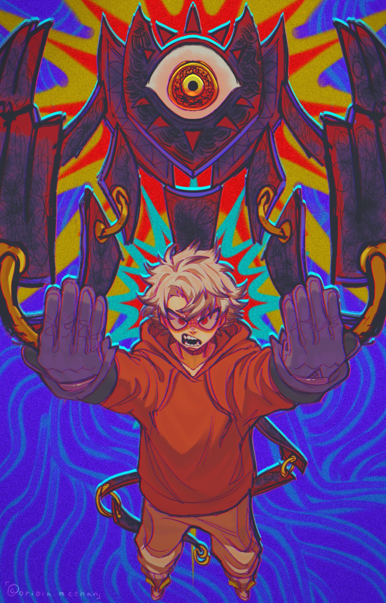 blue_background, eyeball, gachiakuta, gloves, highres, hood, hoodie, looking_up, open_mouth, oribiamcchan, outstretched_arms, red_eyes, red_hoodie, rudo_(gachiakuta), sharp_teeth, spiky_hair, teeth, yellow_eyes