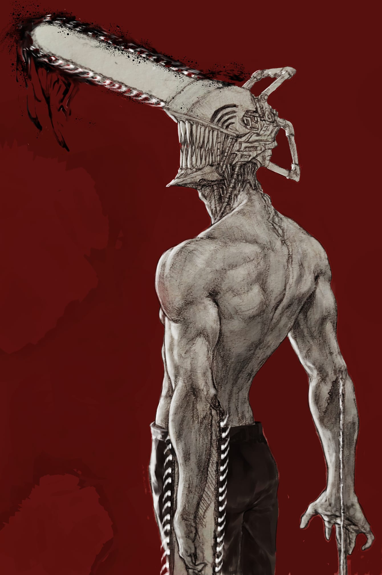 1boy, chainsaw, chainsaw_man, denji_(chainsaw_man), facing_back, facing_viewer, highres, monochrome, muscular, muscular_male, neroqhile, red_background, sharp_teeth, simple_background, solo, spot_color, teeth, topless_male