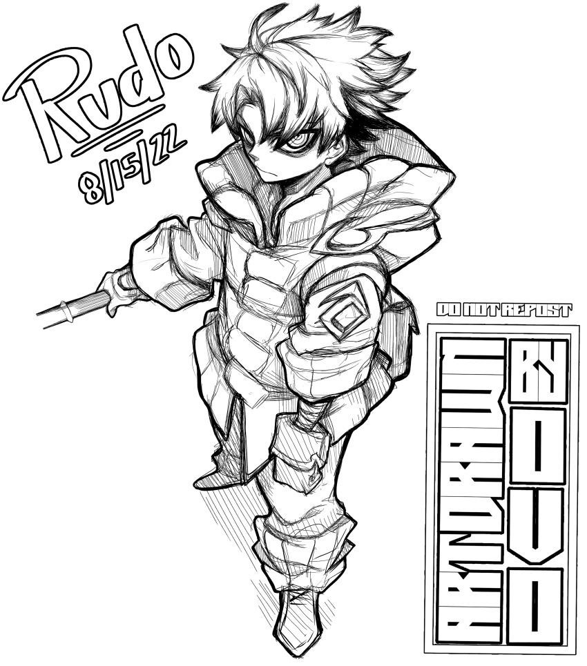 1boy, absurdres, gachiakuta, gloves, greyscale, highres, holding, holding_weapon