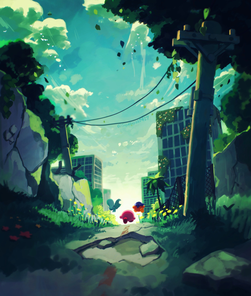 abandoned, bandana, bandana_waddle_dee, blue_bandana, blue_sky, building, city, clouds
