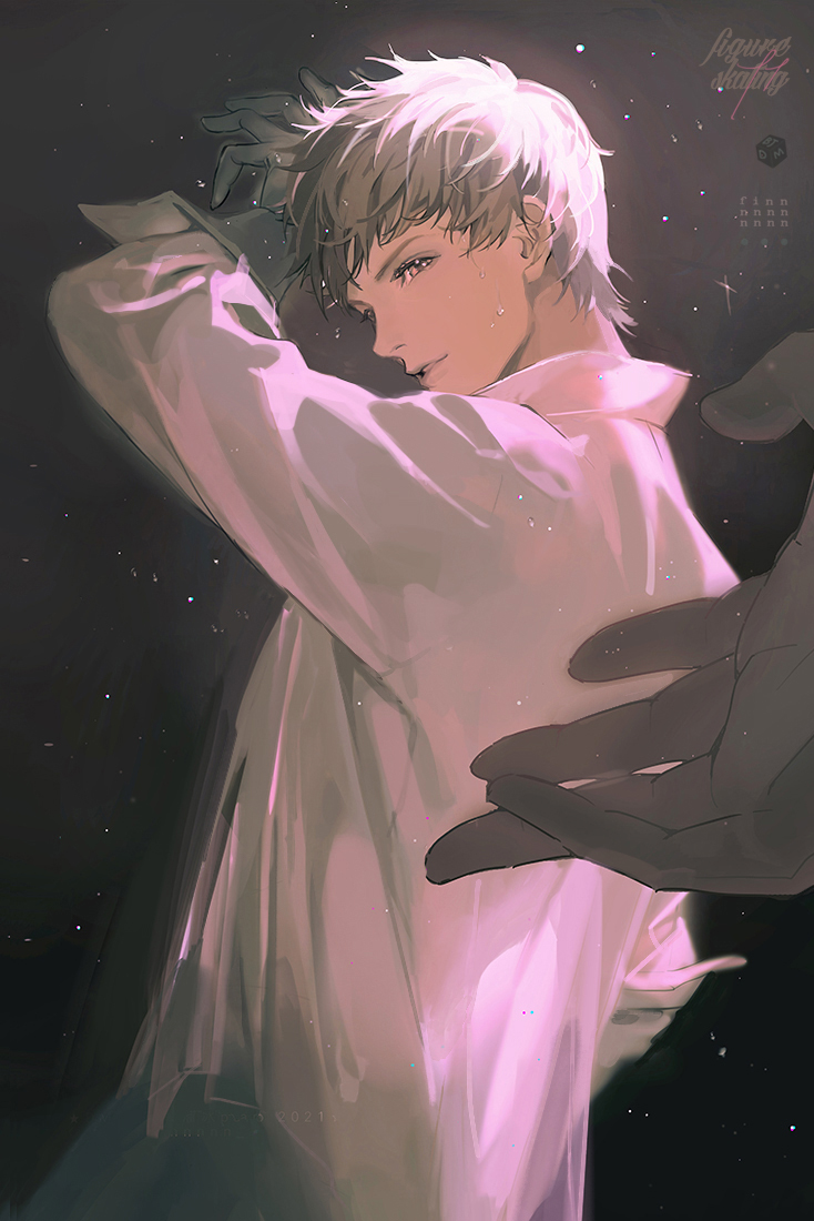10nnnnn, 1boy, arm_up, bangs, beckoning, black_background, character_request, collared_shirt, dao_mu_bi_ji, english_text, from_behind, grey_hair, light_smile, long_sleeves, looking_back, male_focus, out_of_frame, parted_lips, shirt, short_hair, solo_focus, sparkle, upper_body, wet, white_shirt