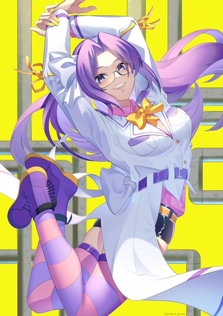 1girl, absurdres, arms_up, asakura_rikako, back_bow, bangs, black_shorts, borrowed_design