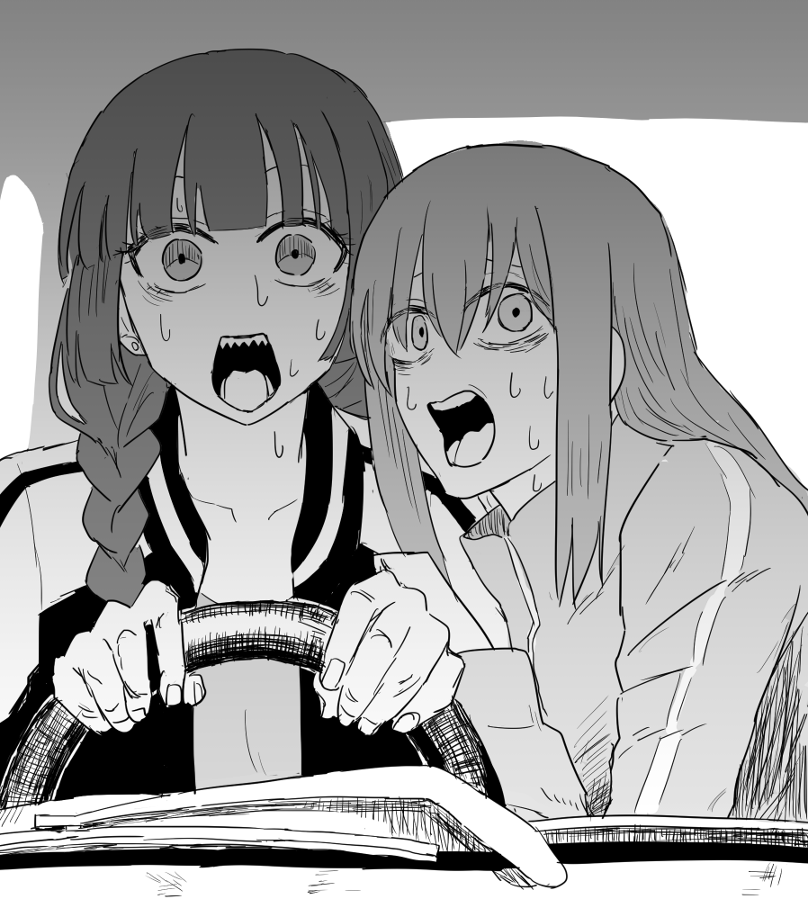 2girls, bangs, bocchi_the_rock!, braid, chainsaw_man, derivative_work, dress, driving, gotou_hitori, greyscale, hair_between_eyes, hair_over_eyes, hiroi_kikuri, holding, jacket, long_hair, lysine, manga_panel_redraw, meme, monochrome, multiple_girls, one_side_up, open_clothes, open_jacket, open_mouth, parody, power_crashes_kobeni's_car_(meme), screaming, steering_wheel, sweatdrop, track_jacket, upper_body