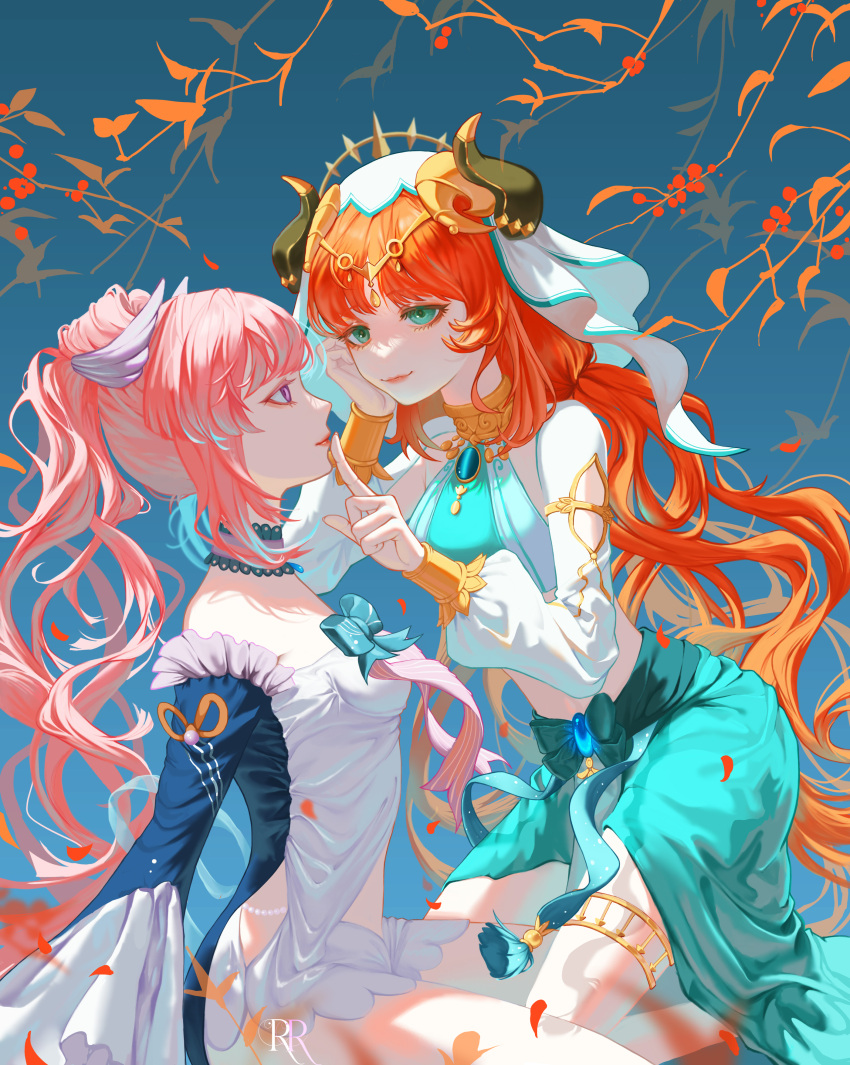 2girls, absurdres, bangs, beads, blue_background, blue_gemstone, blue_skirt, bracer