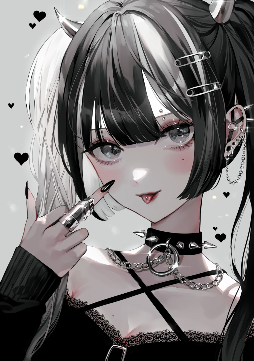 1girl, :p, bangs, black_choker, black_hair, black_nails, breasts, chain, choker, claw_ring, collarbone, ear_piercing, earrings, eyebrow_piercing, eyelashes, fingernails, hair_ornament, hairclip, heart, heart_background, highres, horns, jewelry, lace_trim, linked_piercing, long_fingernails, long_hair, long_sleeves, looking_at_viewer, middle_finger, mole, mole_on_breast, mole_under_eye, multicolored_hair, multiple_earrings, nail_polish, original, piercing, plug_(piercing), portrait, red_lips, sidelocks, solo, spaghetti_strap, spiked_choker, spiked_ear_piercing, spikes, tongue, tongue_out, tongue_piercing, twintails, two-tone_hair, white_hair, yumeno_yume