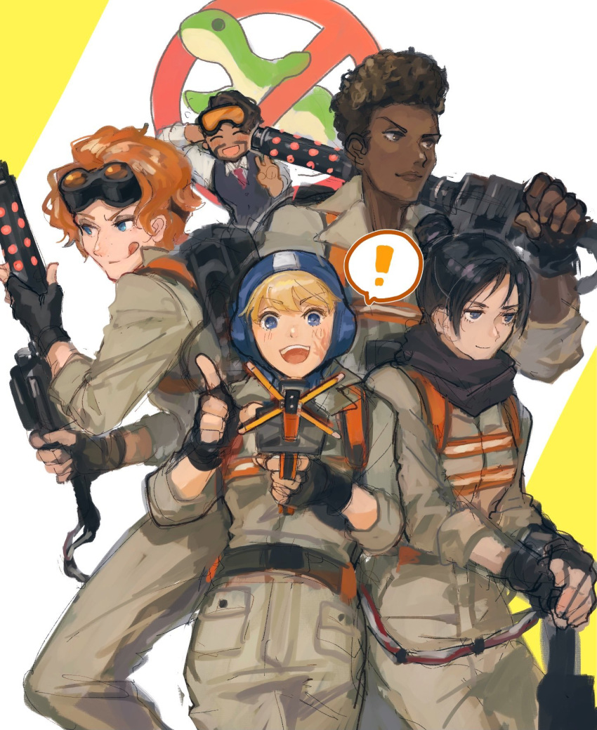 1boy, 4girls, ^_^, animification, apex_legends, arm_behind_head, backpack, bag