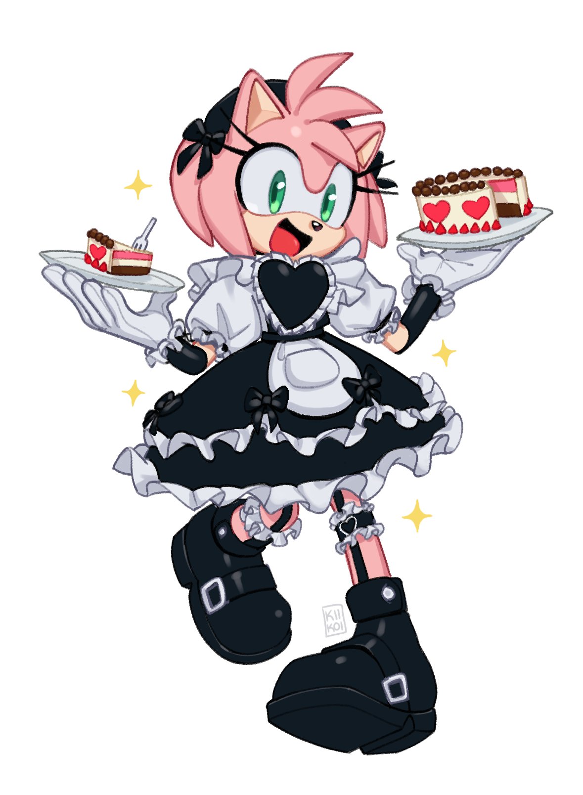 1girl, amy_rose, animal_nose, cake, dress, food, furry, furry_female, gloves, gothic, green_eyes, hairband, hedgehog_girl, highres, kiikoi11, looking_at_viewer, maid, open_mouth, pink_fur, pink_hair, red_hairband, short_hair, simple_background, smile, solo, sonic_(series), white_gloves