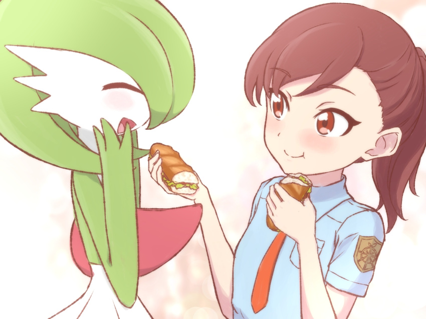 2girls, :t, ^_^, bangs, blue_shirt, blush, bob_cut, breast_pocket, brown_eyes, brown_hair, chewing, closed_eyes, closed_mouth, collared_shirt, colored_skin, commentary_request, eating, flat_chest, food, from_side, funmocha, gardevoir, green_hair, green_skin, hands_on_own_cheeks, hands_on_own_face, hands_up, happy, holding, holding_food, juliana_(pokemon), looking_at_another, medium_hair, multicolored_skin, multiple_girls, necktie, open_mouth, orange_necktie, pocket, pokemon, pokemon_(creature), pokemon_(game), pokemon_sv, ponytail, profile, school_uniform, sharing_food, shirt, short_hair, short_sleeves, sideways_mouth, simple_background, smile, split_mouth, submarine_sandwich, two-tone_skin, upper_body, white_background, white_skin