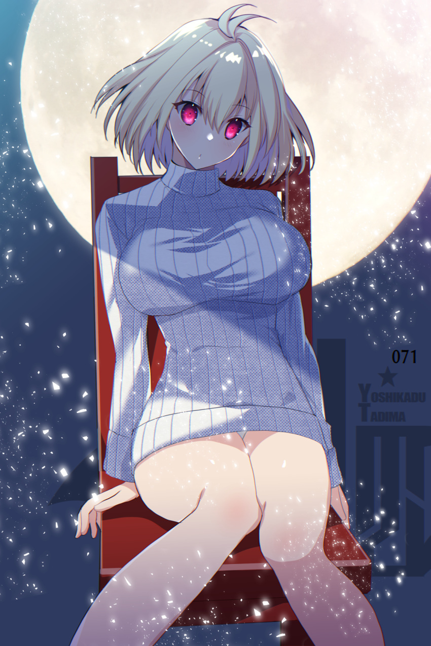 1girl, arcueid_brunestud, bangs, bare_legs, blonde_hair, breasts, chair, eyebrows_hidden_by_hair