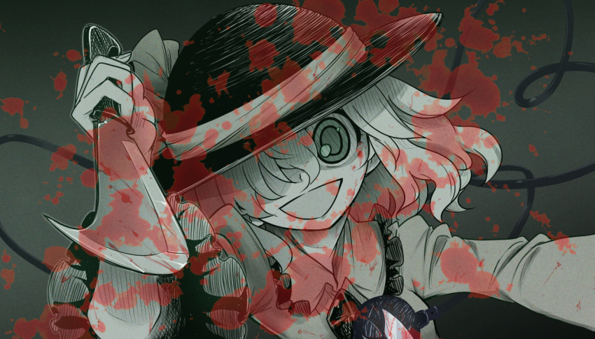 1girl, blood, blood_splatter, bow, frilled_sleeves, frills, green_theme, hat, hat_bow, hatching_(texture), hatching_(texture)_on_eye, holding, holding_knife, horror_(theme), joyfull_(terrace), knife, komeiji_koishi, looking_at_viewer, medium_hair, muisiki_rekuiemu, one_eye_covered, third_eye, touhou, triangle_mouth, upper_body