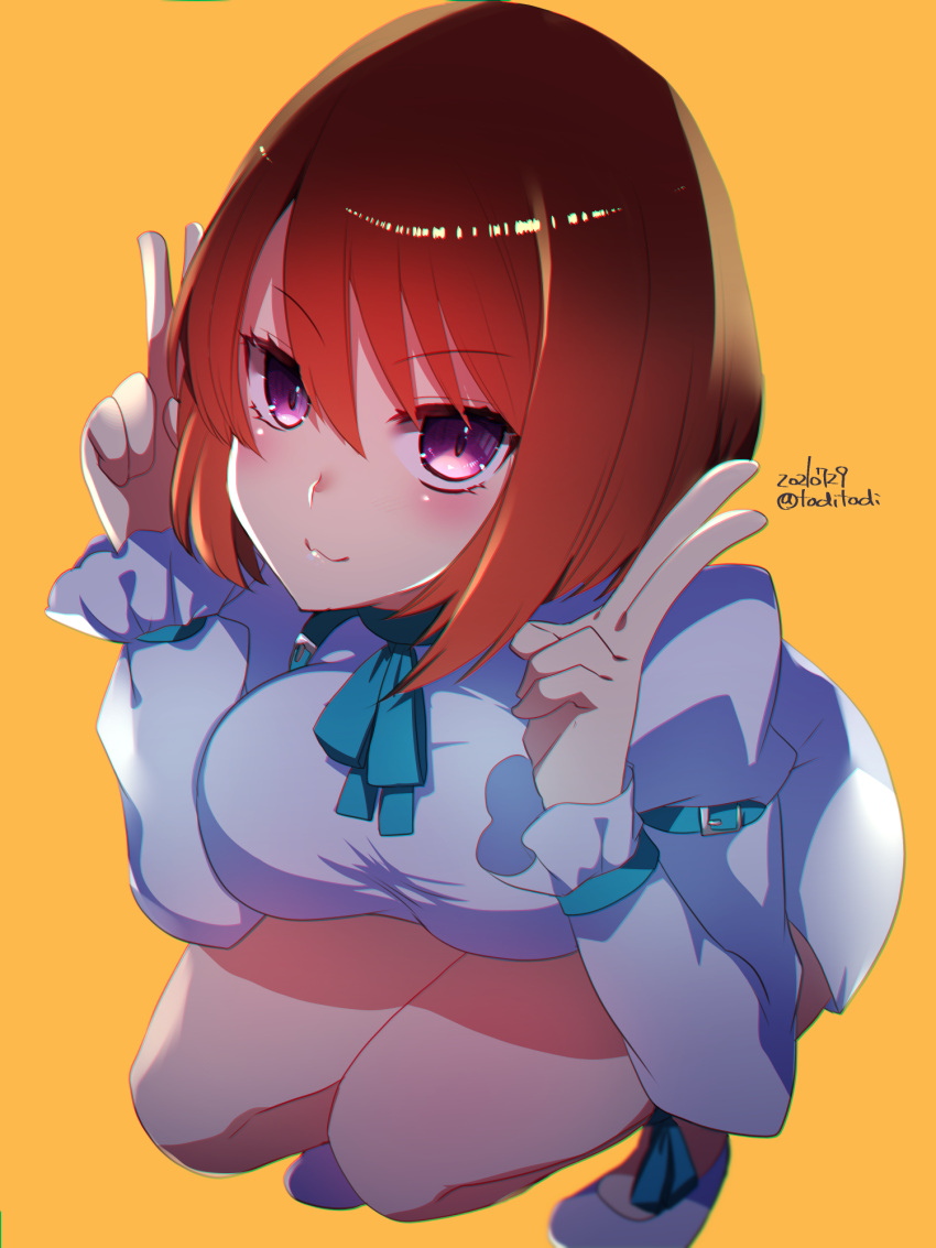 1girl, bangs, bare_legs, blouse, breasts, caph, eyebrows_hidden_by_hair, hair_between_eyes