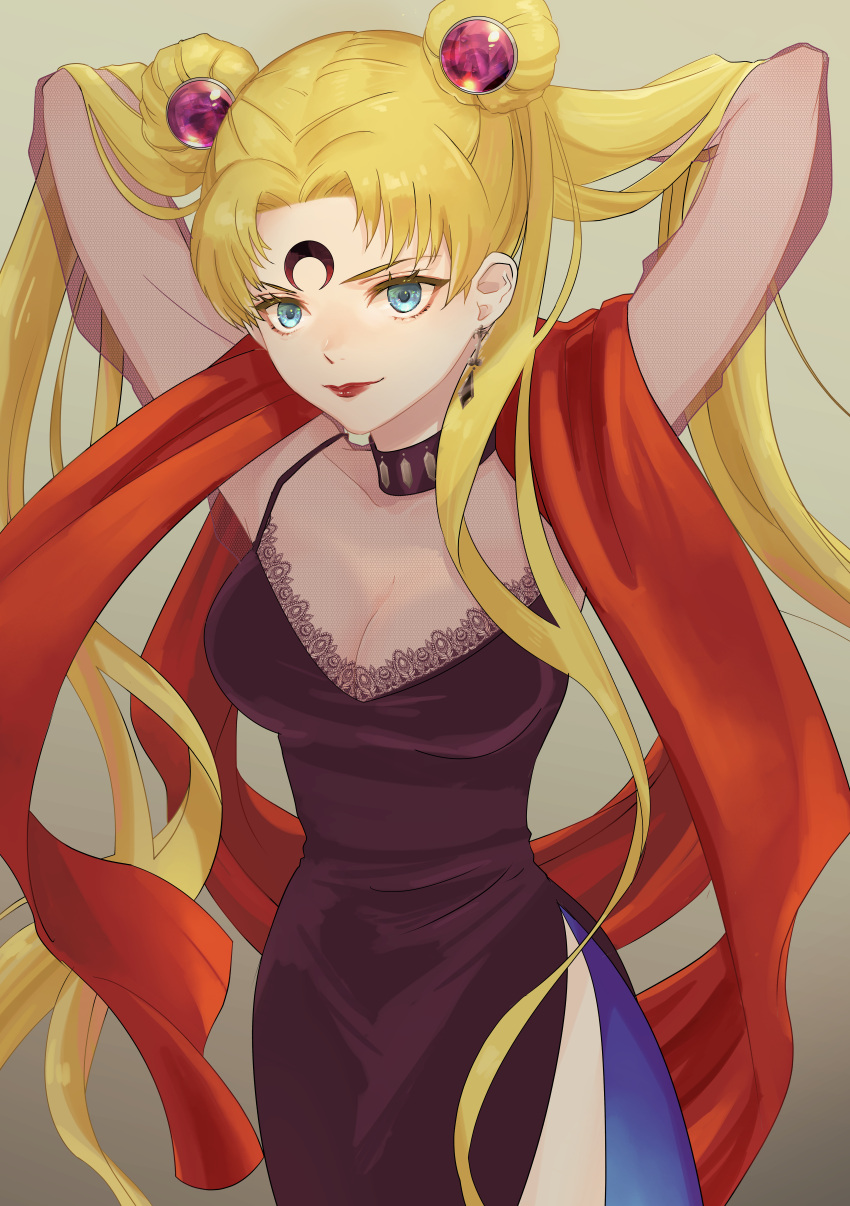 1girl, absurdres, bangs, bishoujo_senshi_sailor_moon, black_dress, black_lady, black_lady_(cosplay), blonde_hair, blue_eyes, collarbone, corruption, cosplay, crescent, crescent_facial_mark, dark_persona, double_bun, dress, earrings, facial_mark, forehead_mark, hair_bun, highres, jewelry, long_dress, long_hair, long_sleeves, parted_bangs, red_lips, red_scarf, scarf, see-through, side_slit, solo, tsukino_usagi, very_long_hair, vuipui