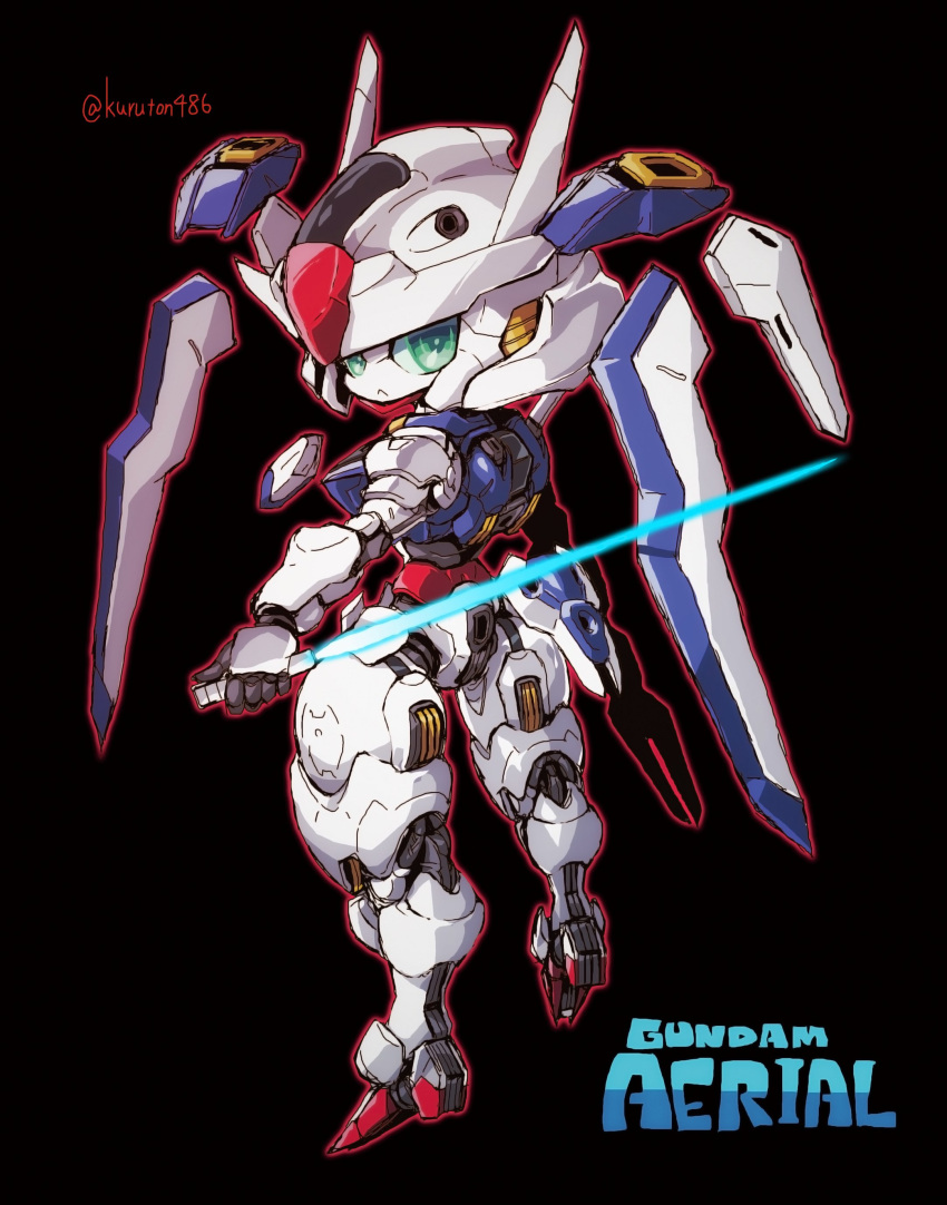1girl, :<, absurdres, beam_saber, black_background, character_name, from_behind, funnels_(gundam)