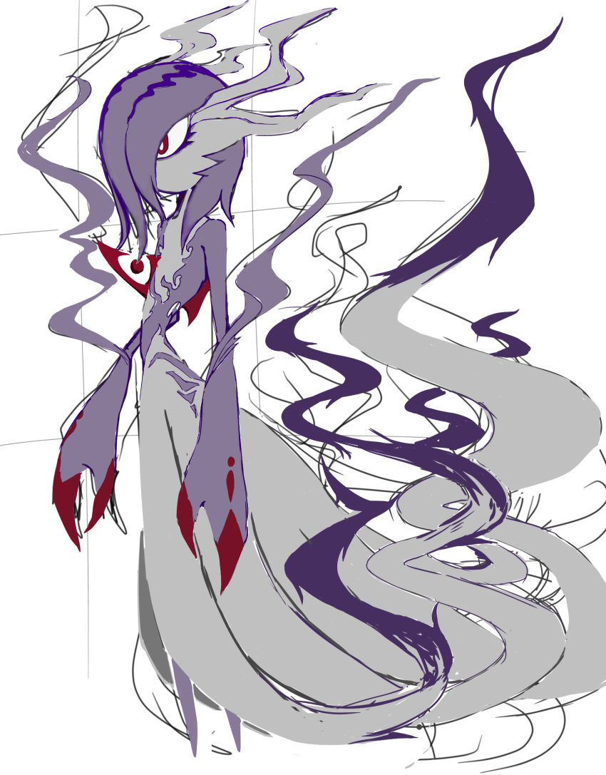 1girl, alternate_color, alternate_element, alternate_shiny_pokemon, arms_at_sides, bangs, bright_pupils, colored_skin, commentary, flat_chest, from_side, full_body, gardevoir, highres, medium_hair, multicolored_skin, ojisan_(pixiv_74573618), pokemon, pokemon_(creature), purple_hair, purple_skin, red_eyes, simple_background, sketch, smoke, solo, standing, two-tone_skin, white_background, white_pupils, white_skin