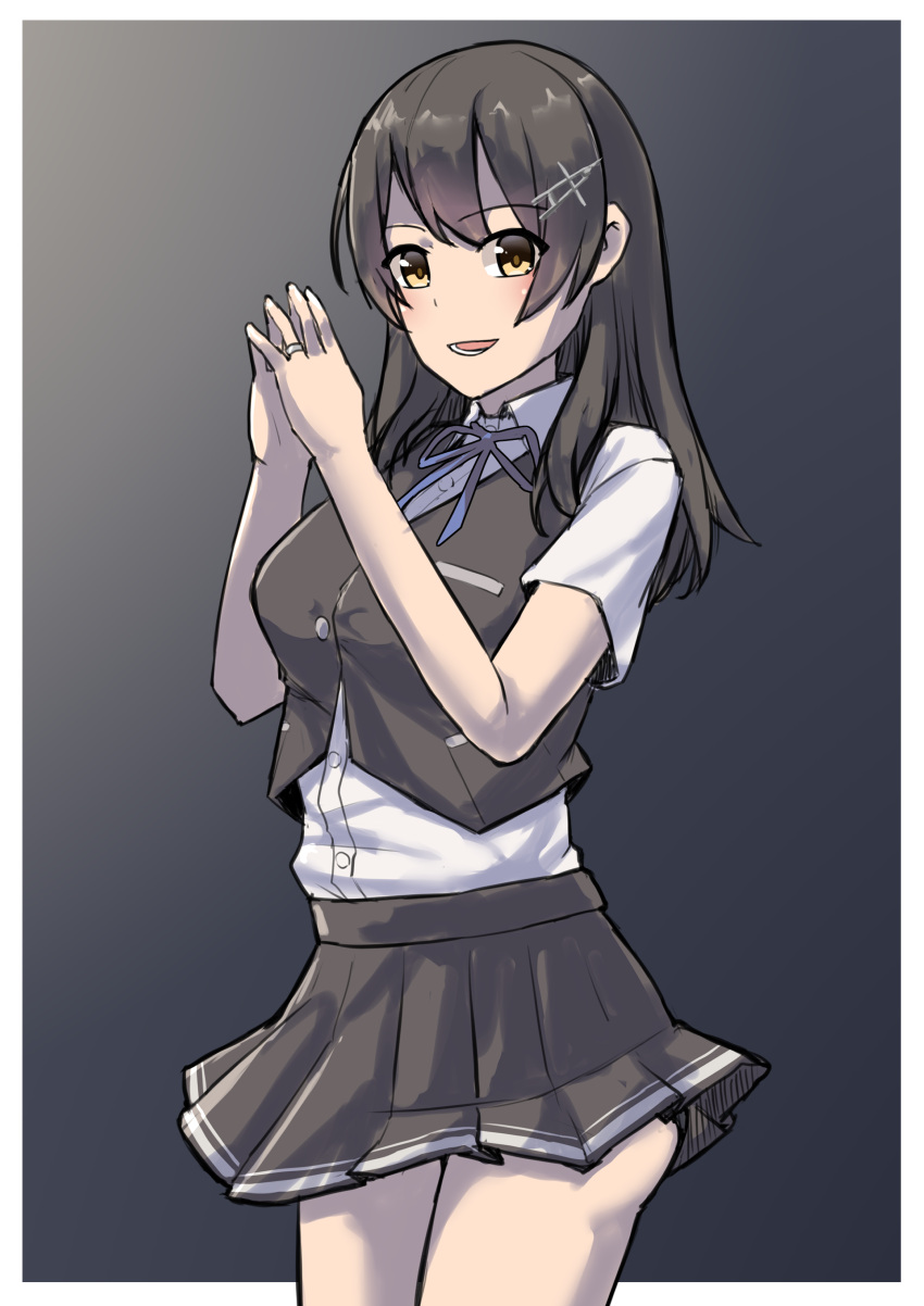 1girl, absurdres, black_hair, black_skirt, black_vest, brown_eyes, collared_shirt, cowboy_shot