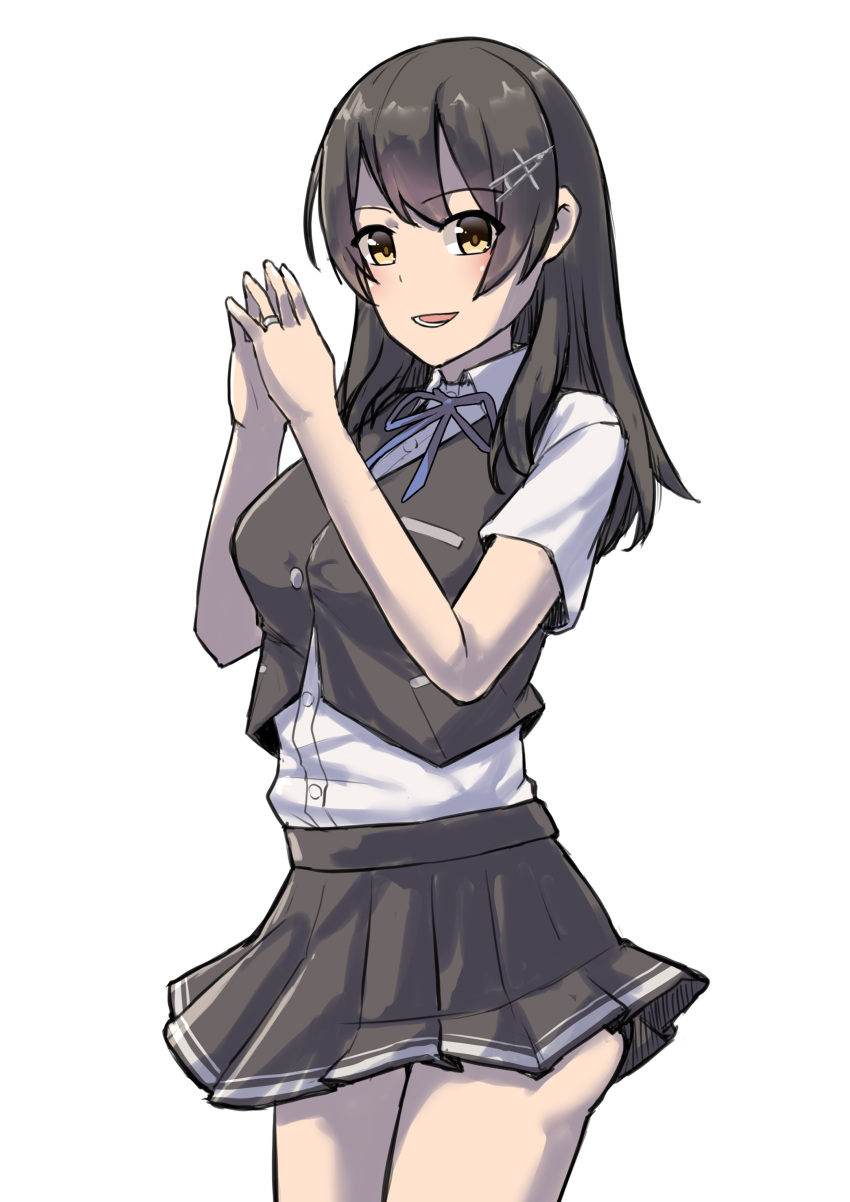 1girl, absurdres, black_hair, black_skirt, black_vest, brown_eyes, collared_shirt, cowboy_shot