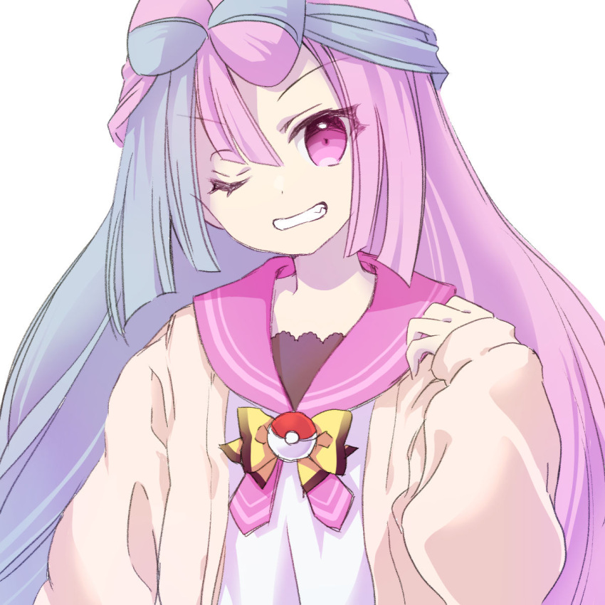 1girl, alternate_costume, aqua_hair, bow-shaped_hair, highres, iono_(pokemon), long_hair, multicolored_hair, one_eye_closed, pink_hair, poke_ball, poke_ball_(basic), pokemon, pokemon_(game), pokemon_sv, sanyaso, school_uniform, serafuku, solo, split-color_hair, very_long_hair