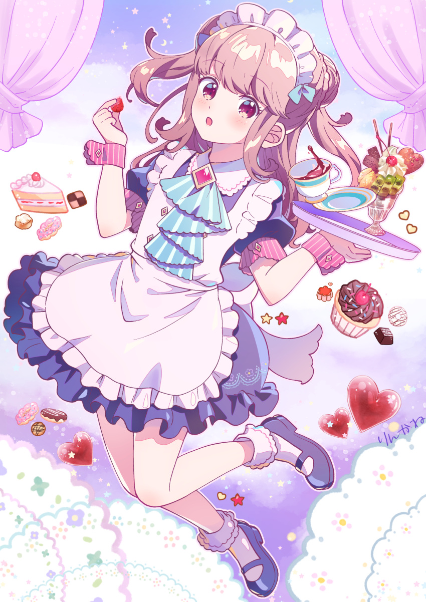 1boy, apron, black_footwear, blue_dress, blush, bobby_socks, brown_hair, cake