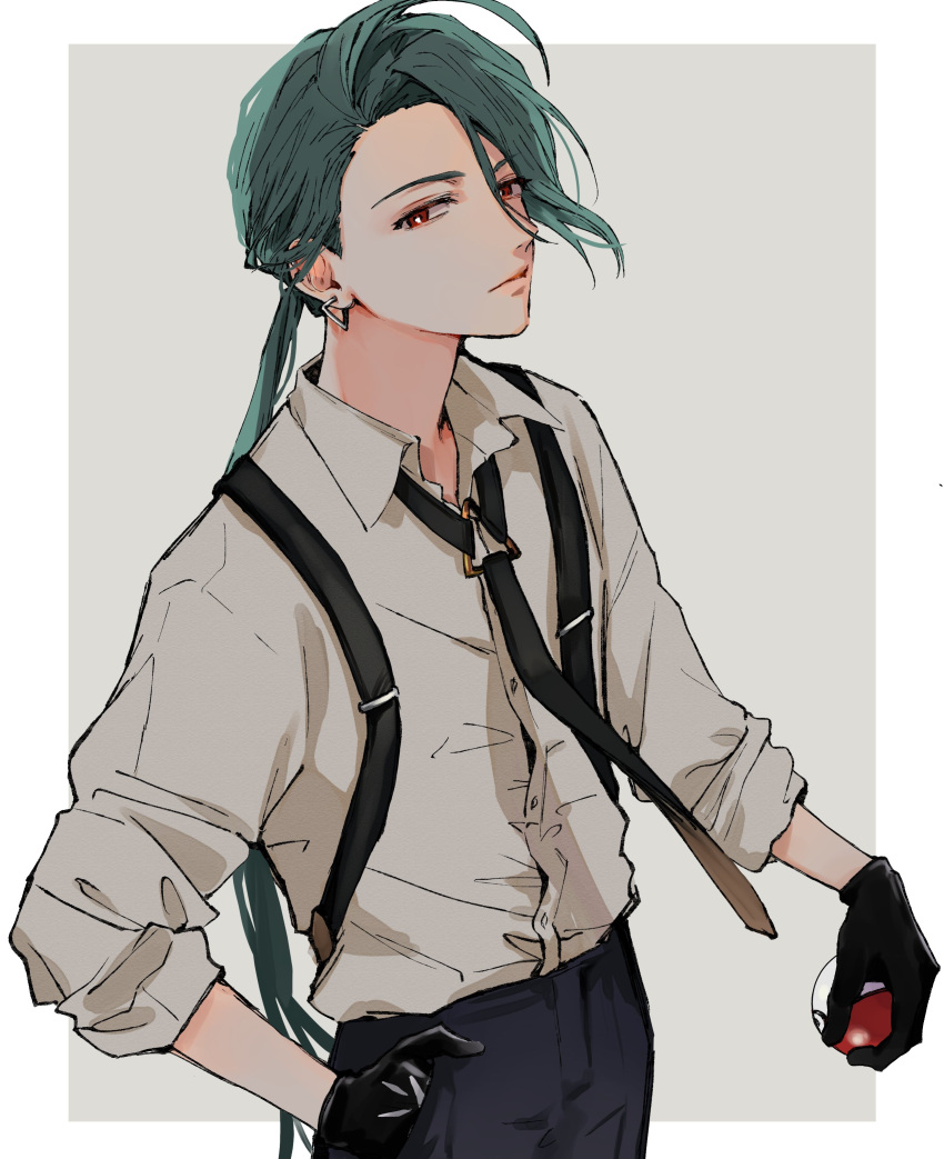 1girl, absurdres, ahoge, androgynous, black_gloves, black_necktie, black_pants, bright_pupils, closed_mouth, collared_shirt, cowboy_shot, earrings, gloves, green_hair, grey_shirt, highres, holding, holding_poke_ball, jewelry, long_hair, looking_at_viewer, necktie, pants, poke_ball, pokemon, pokemon_(game), pokemon_sv, ponytail, red_eyes, rika_(pokemon), shirt, snnniki, solo, suspenders, white_pupils