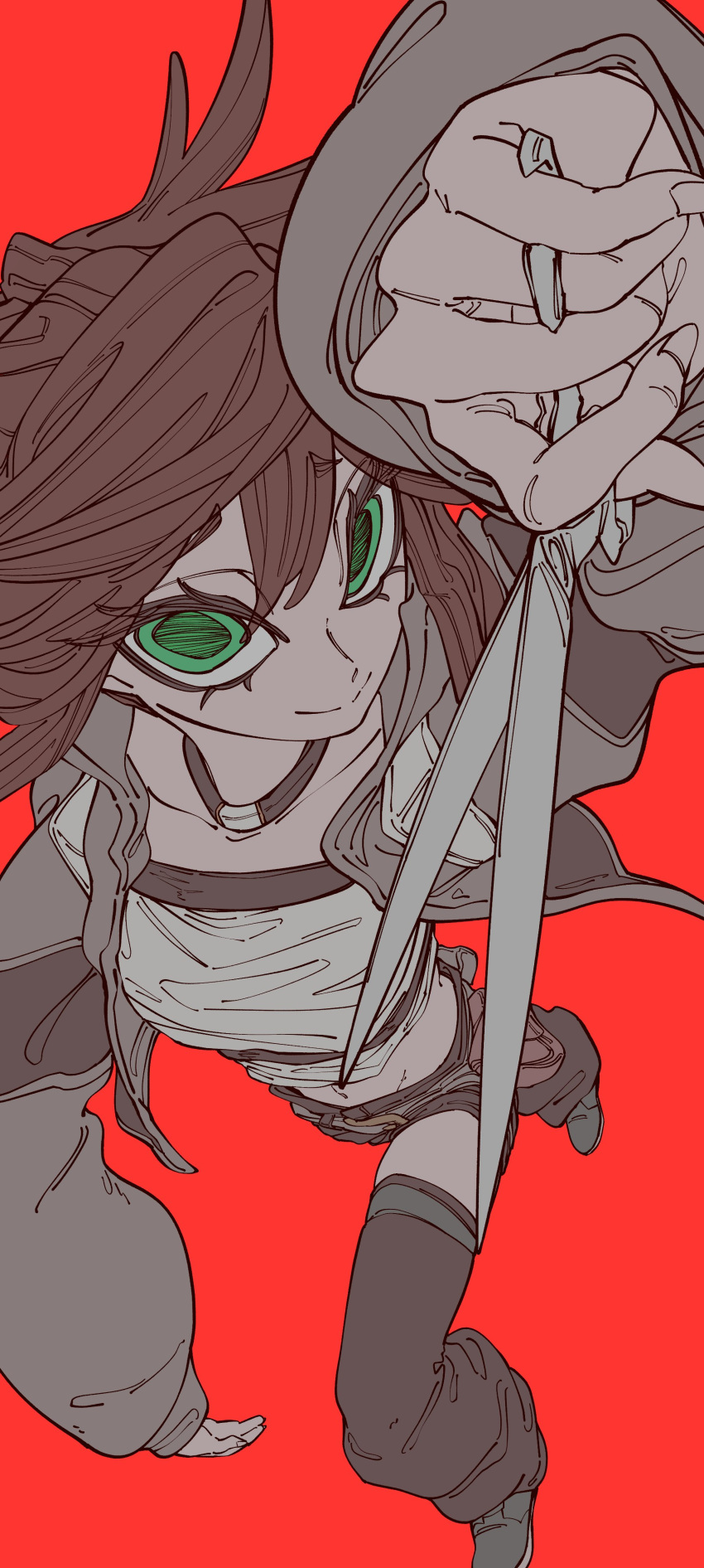 1girl, absurdres, bangs, brown_hair, crop_top, gachiakuta, green_eyes, grey_jacket