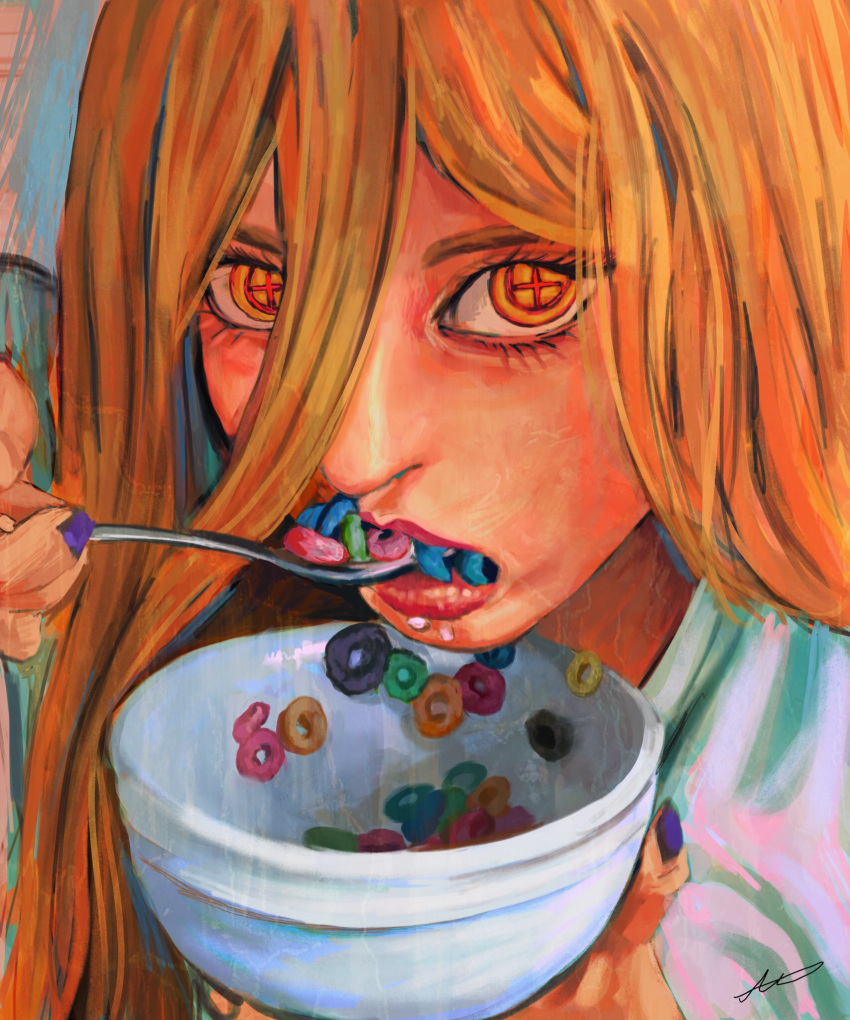 1girl, ashima_rose, blonde_hair, bowl, cereal, chainsaw_man, cross-shaped_pupils, eating, froot_loops, hair_between_eyes, highres, holding, holding_bowl, holding_spoon, long_hair, looking_at_viewer, power_(chainsaw_man), shirt, solo, spoon, symbol-shaped_pupils, white_shirt, yellow_eyes