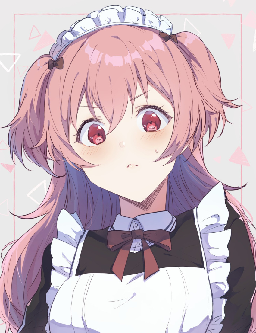 1girl, apron, bangs, bow, brown_bow, brown_ribbon, frown, grey_background, hair_between_eyes, hair_bow, highres, light_blush, long_hair, looking_at_viewer, maid, maid_apron, maid_headdress, momoi_airi, more_more_jump!_(project_sekai), multiple_hair_bows, nov_ggg, outside_border, pink_eyes, pink_hair, portrait, pout, project_sekai, red_ribbon, ribbon, solo, triangle, upper_body
