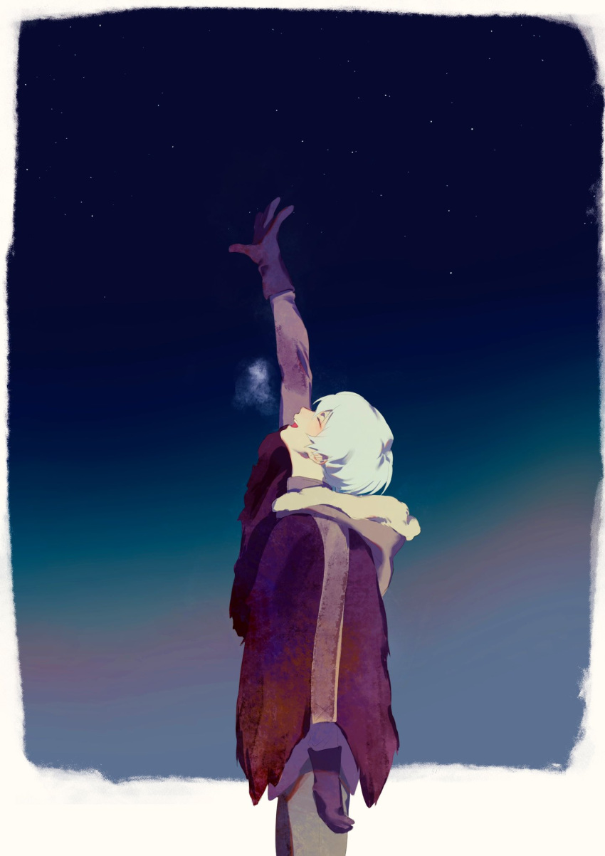 1boy, arm_at_side, black_gloves, border, breath, closed_eyes, fumetsu_no_anata_e, gloves