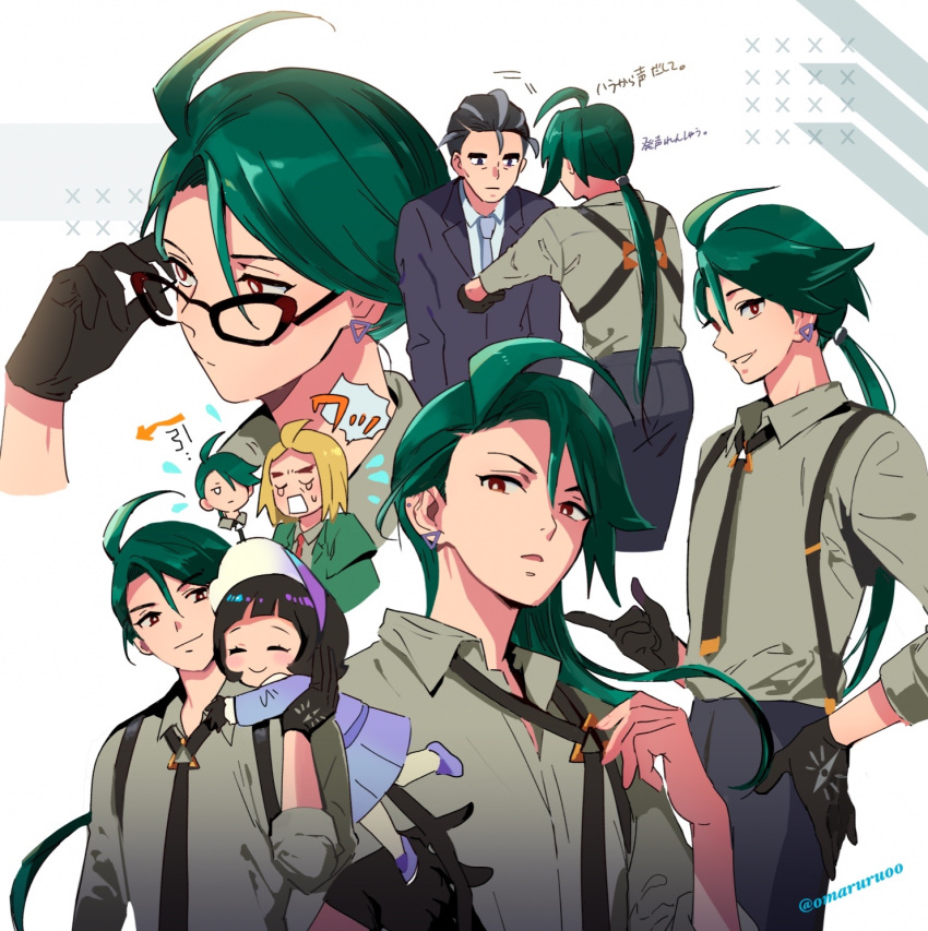2boys, 2girls, ahoge, androgynous, bangs, black_gloves, black_hair, black_necktie