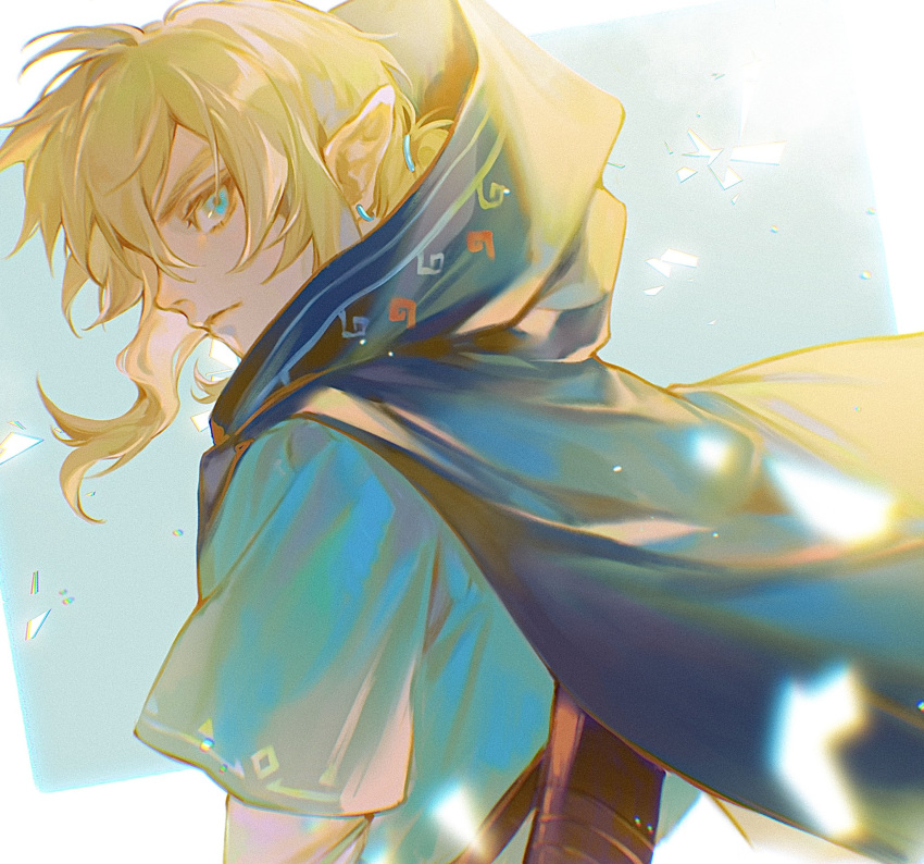 1boy, aqua_eyes, blonde_hair, blue_cape, blue_tunic, cape, earrings, hair_between_eyes