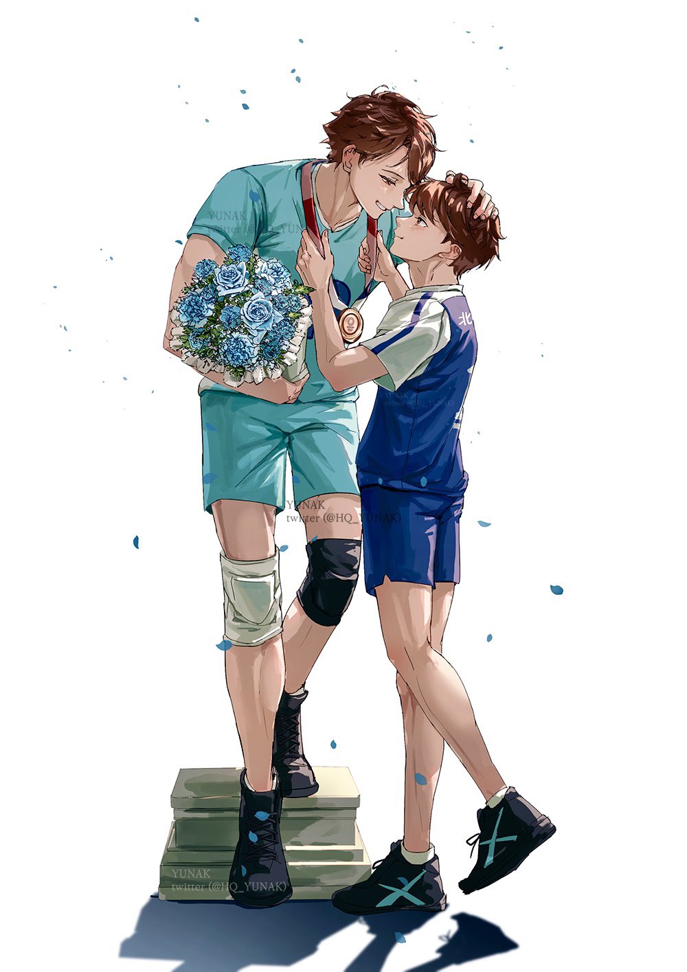 1boy, 2boys, aged_down, aoba_johsai_volleyball_uniform, aqua_pants, aqua_shirt, black_footwear, blue_shirt