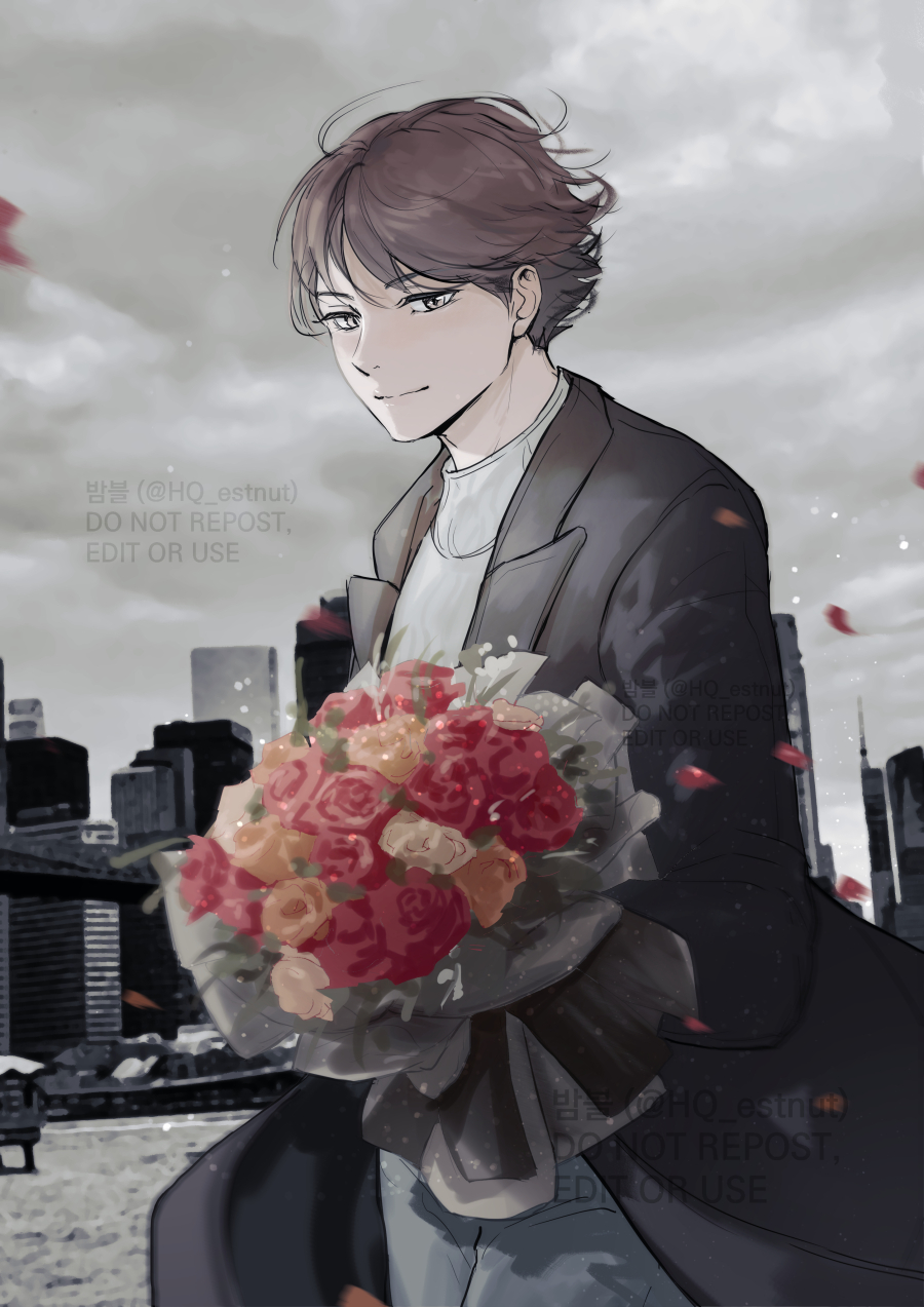 1boy, black_coat, bouquet, brown_hair, building, city, clouds, cloudy_sky