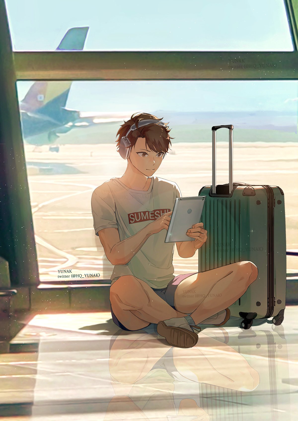 1boy, aircraft, airplane, airport, blue_shorts, brown_hair, crossed_legs, full_body