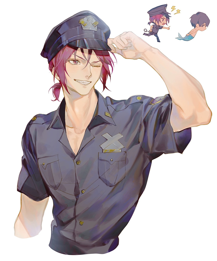 2boys, adjusting_clothes, adjusting_headwear, black_hair, black_headwear, black_shirt, chasing, chibi