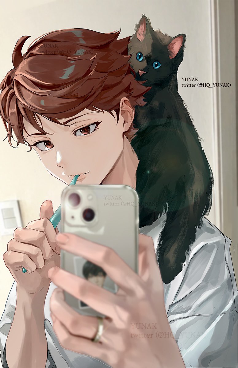 1boy, animal_on_shoulder, black_cat, blue_eyes, brown_eyes, brown_hair, brushing_teeth, cat