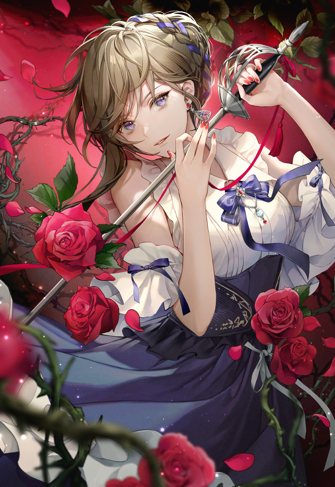1girl, arm_garter, blue_ribbon, blue_skirt, blurry, blurry_foreground, braid, breasts