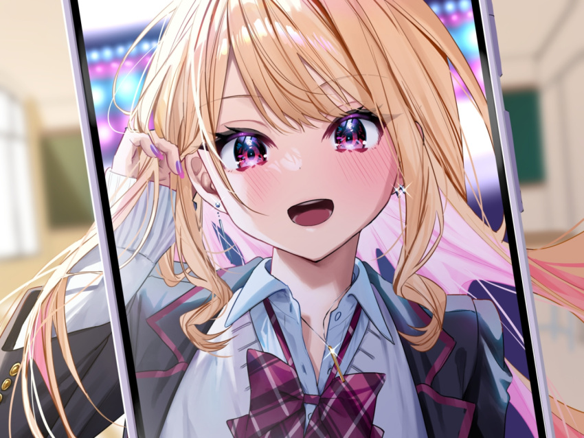 1girl, adjusting_hair, bangs, blazer, blonde_hair, blurry, blurry_background, blush