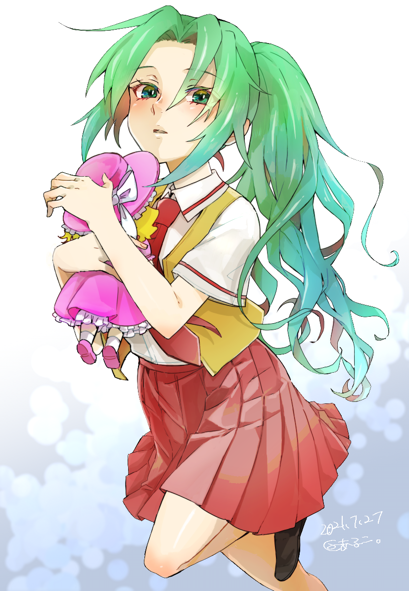 1girl, 2021, bangs, collared_shirt, dated, doll, floating_hair, green_eyes