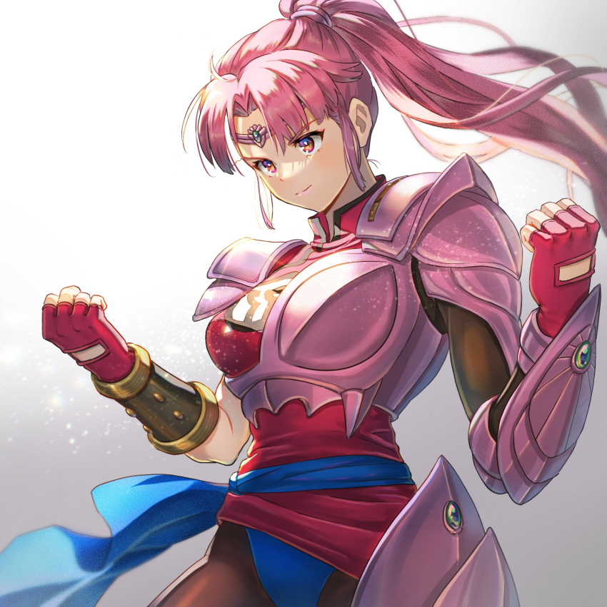 1girl, armor, black_pantyhose, blue_leotard, breastplate, brown_eyes, circlet, closed_mouth