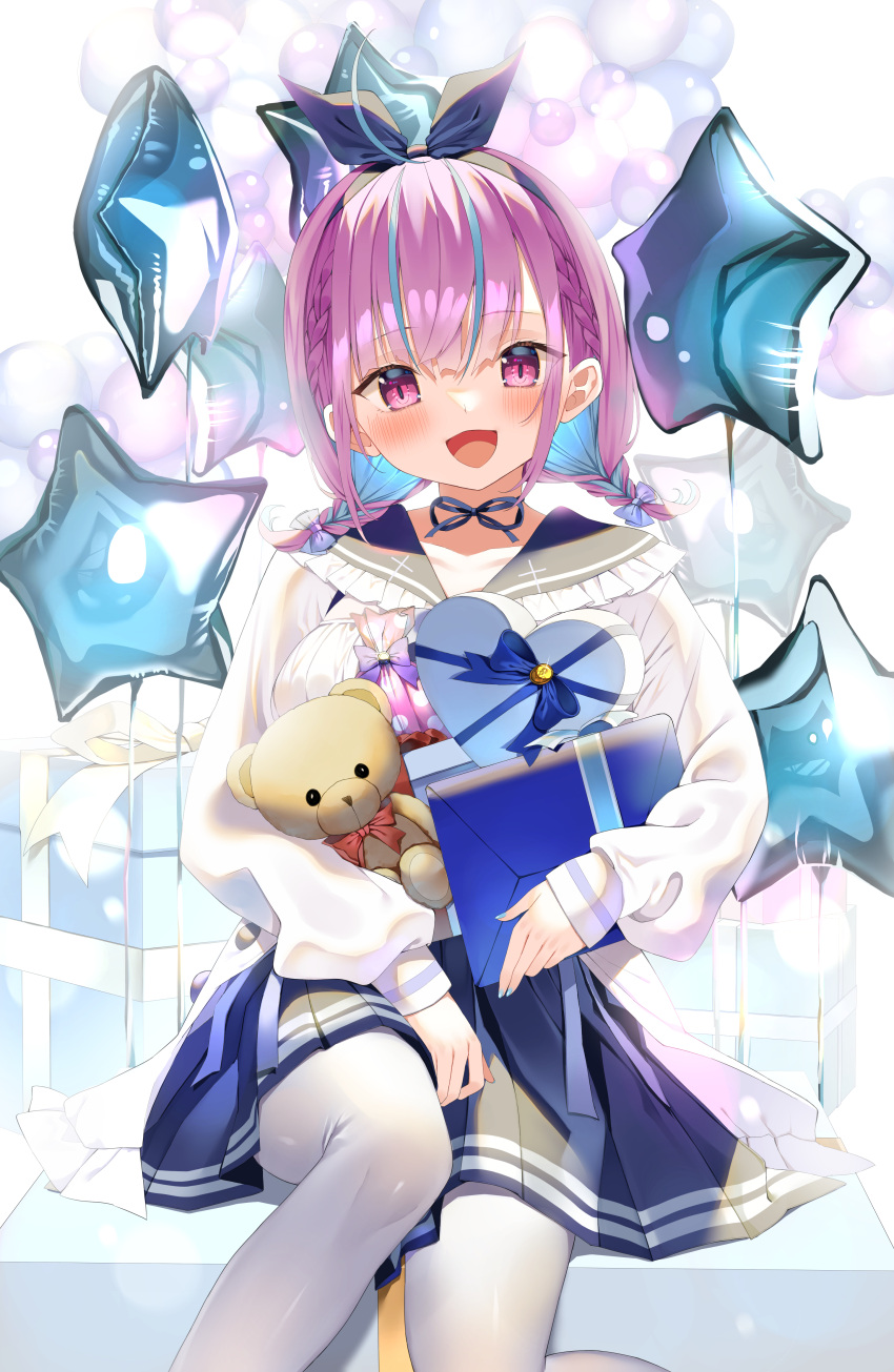 1girl, absurdres, ahoge, balloon, bangs, blue_choker, blue_hair, blue_hairband
