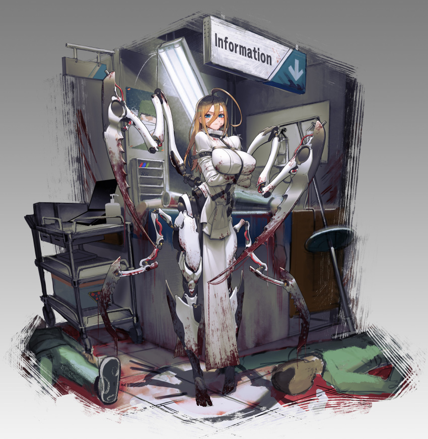 1girl, 2boys, absurdres, ahoge, blood, blood_on_clothes, blood_on_face, blood_on_weapon